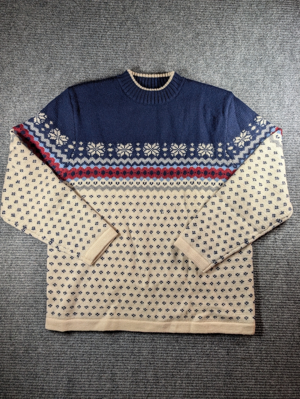 Vintage Lands' End Nordic Fair Isle Wool Knit Ski Sweater Medium Ivory, Navy